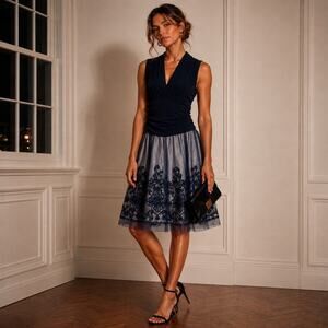 SLNY Navy Blue Fit & Flare Cocktail Dress Stretch Top Tulle Lace Skirt Sise 4